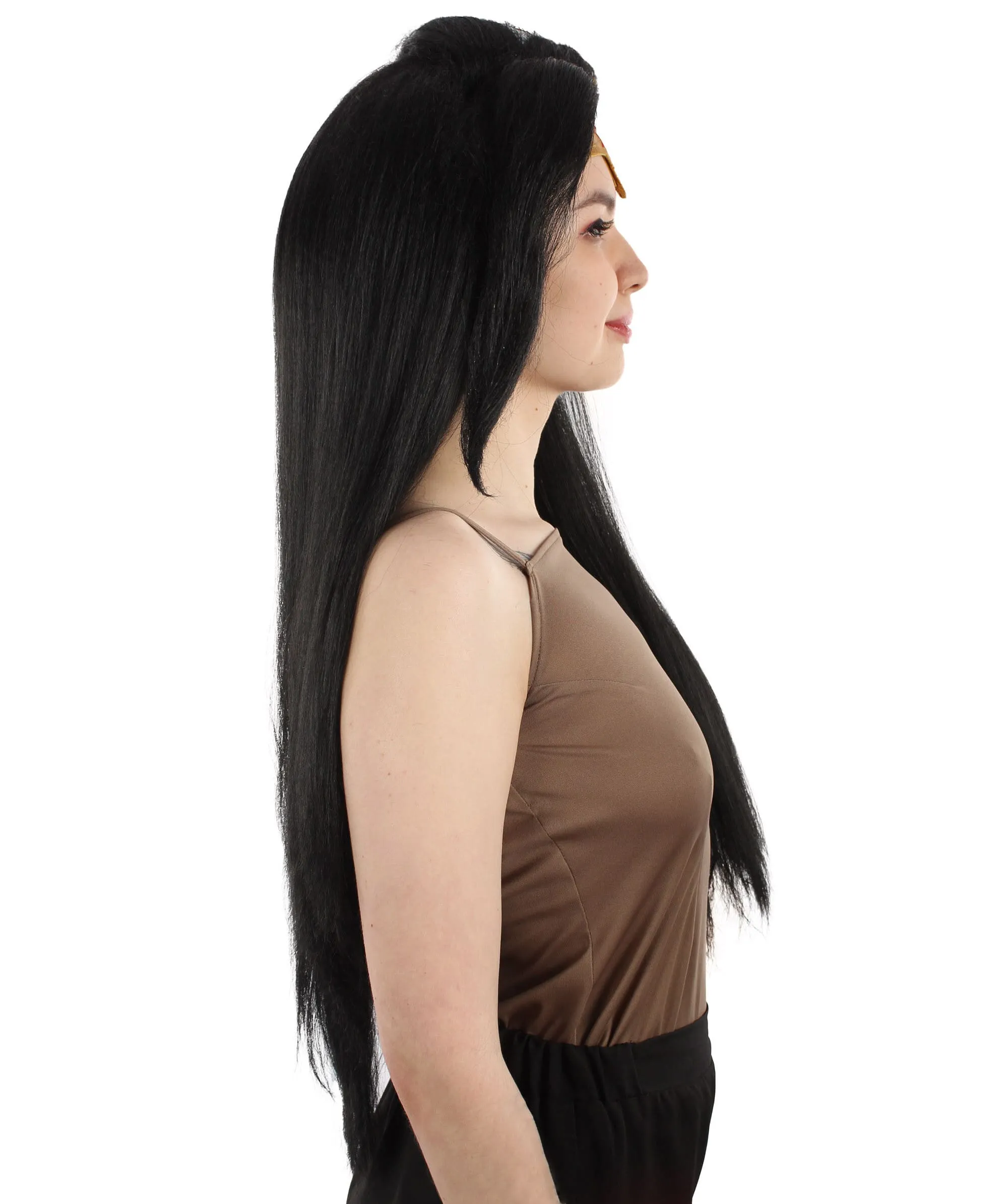 Adult Women’s Animated Cartoon Action Female Superhero Long Black Wig with Headpiece and Whip,  Flame-retardant Synthetic Fiber | HPO