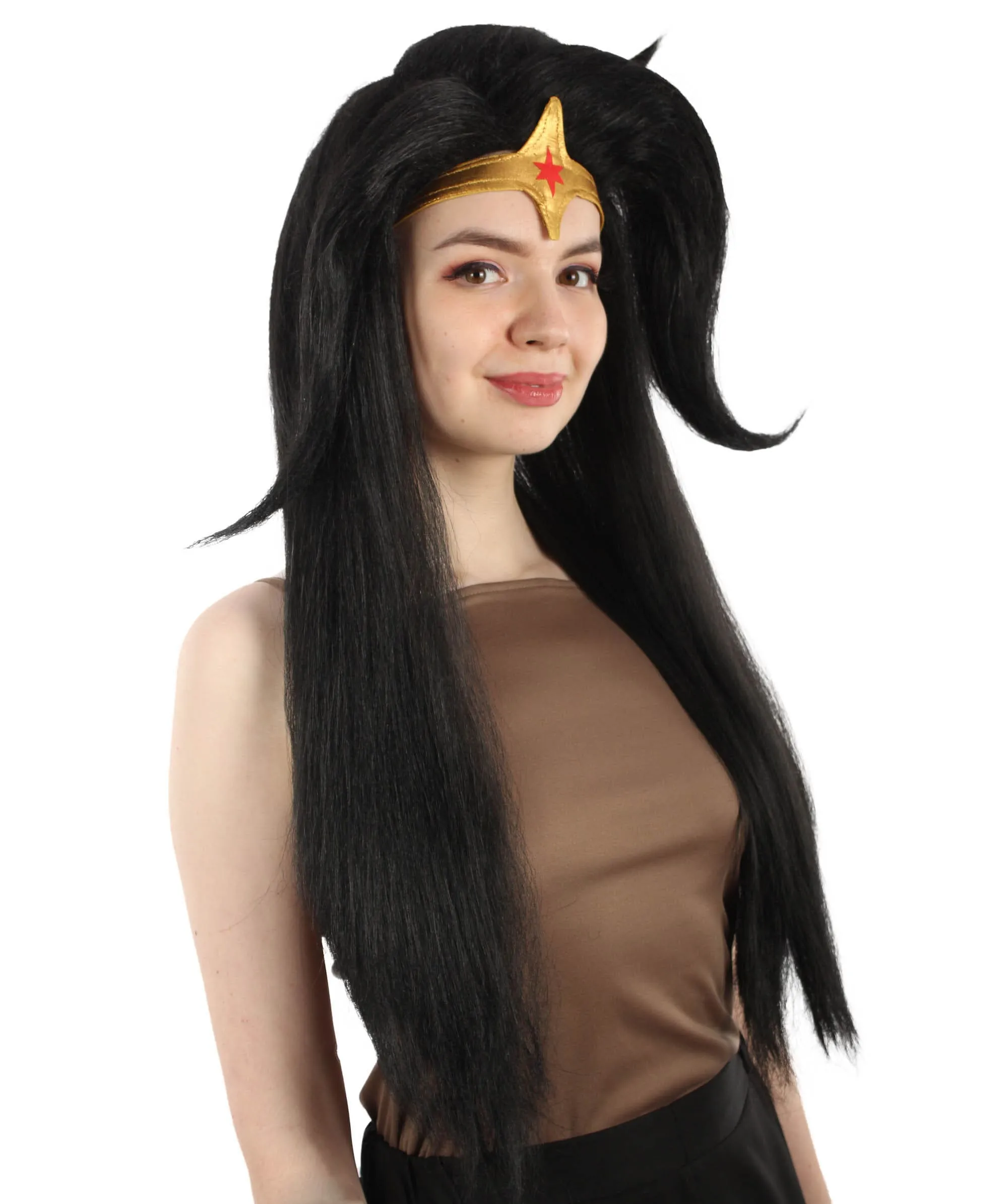 Adult Women’s Animated Cartoon Action Female Superhero Long Black Wig with Headpiece and Whip,  Flame-retardant Synthetic Fiber | HPO