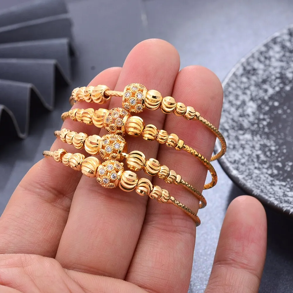 African Rhinestone Inlaid Good Luck Bead Gold Color Bracelet Bangles