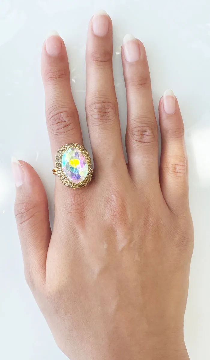 Amira Jeweled Rainbow and Champagne Crystal Oval Cocktail Ring