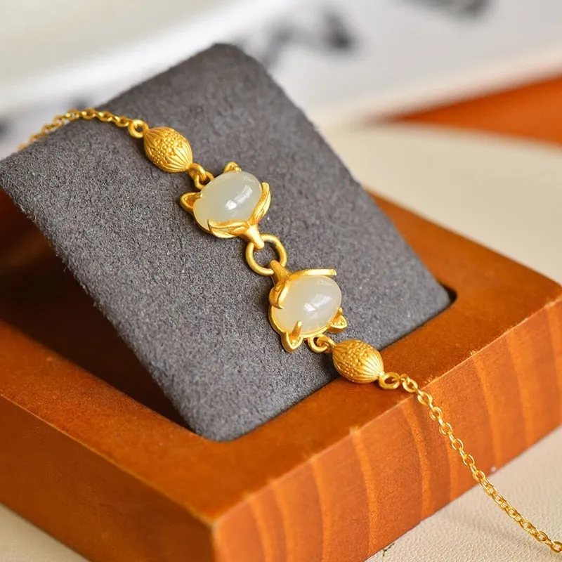 Ancient gold craftsmanship inlaid natural Hetian jade oval green fox bracelet