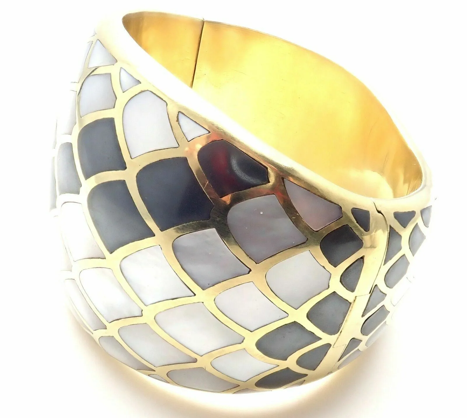 Angela Cummings 18k Gold Mother Of Pearl Snakeskin Wide Bangle Bracelet 1984
