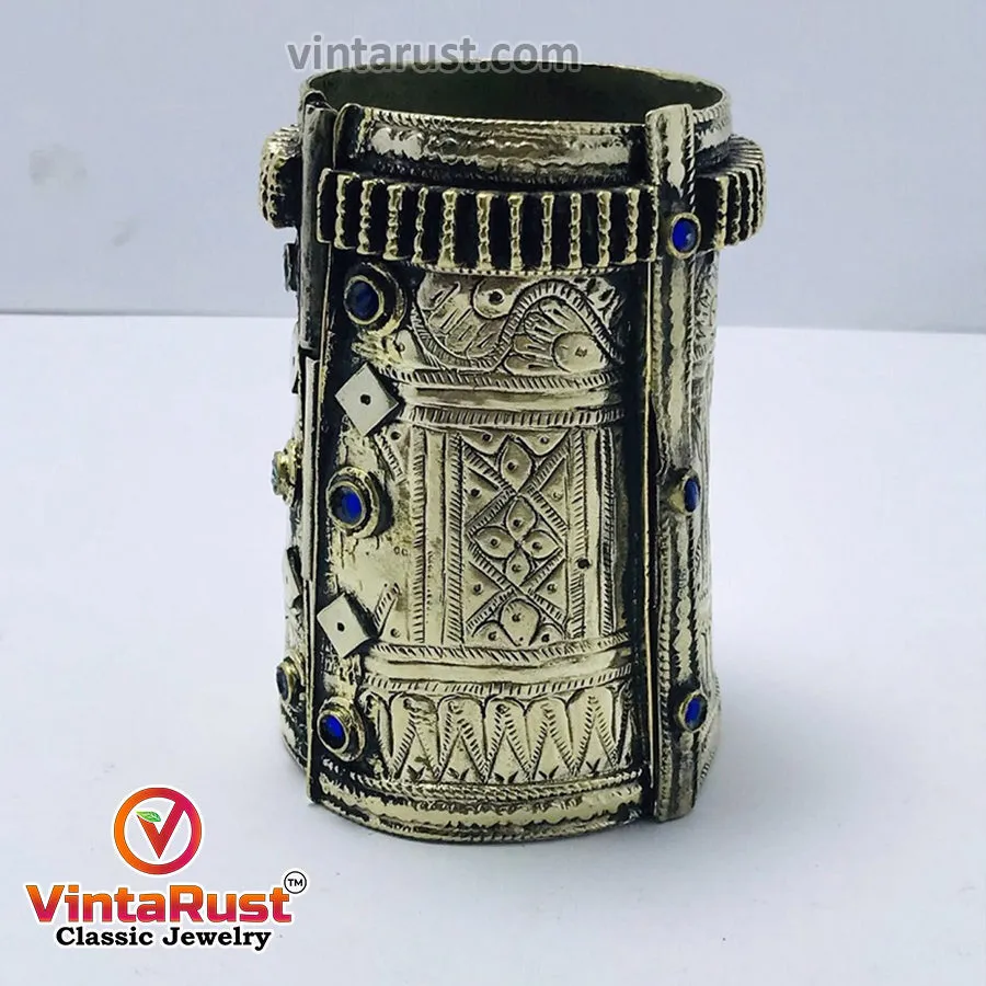 Antique Cuff Bracelet With Blue Glass Stones