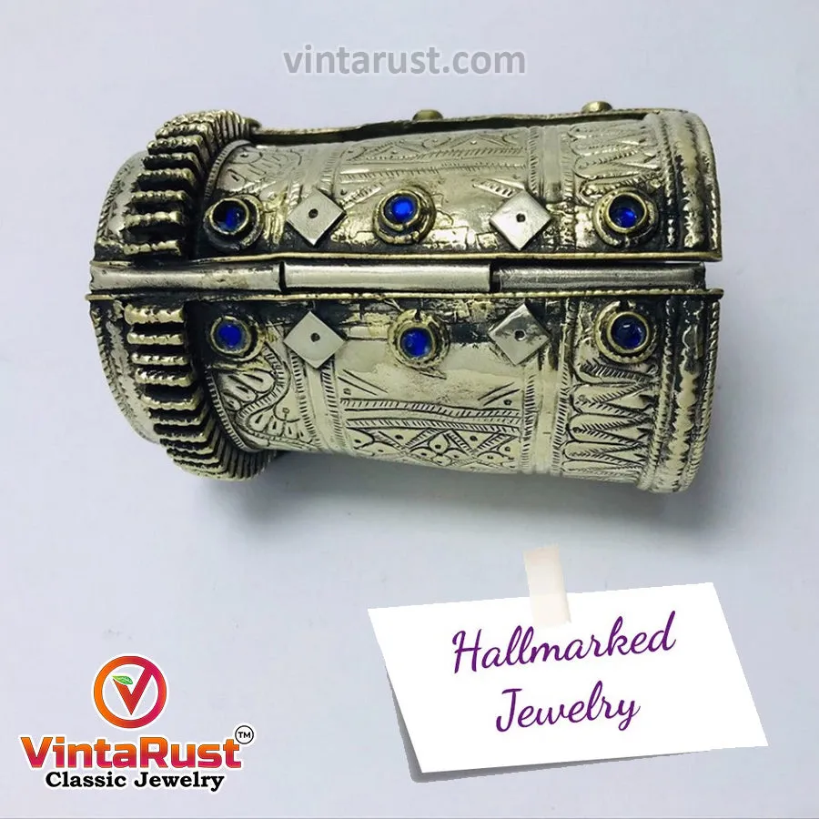 Antique Cuff Bracelet With Blue Glass Stones