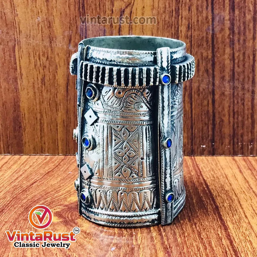 Antique Cuff Bracelet With Blue Glass Stones