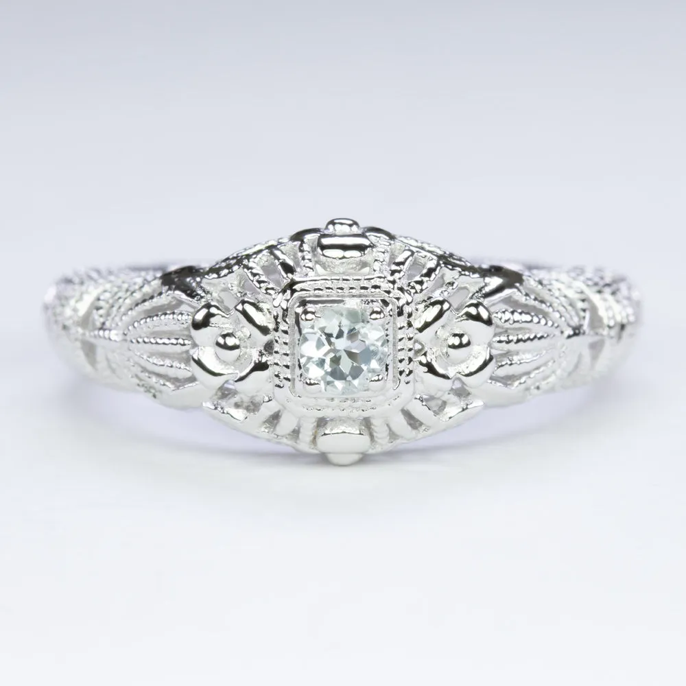 AQUAMARINE VINTAGE STYLE COCKTAIL RING STERLING SILVER FILIGREE ROUND CUT BLUE