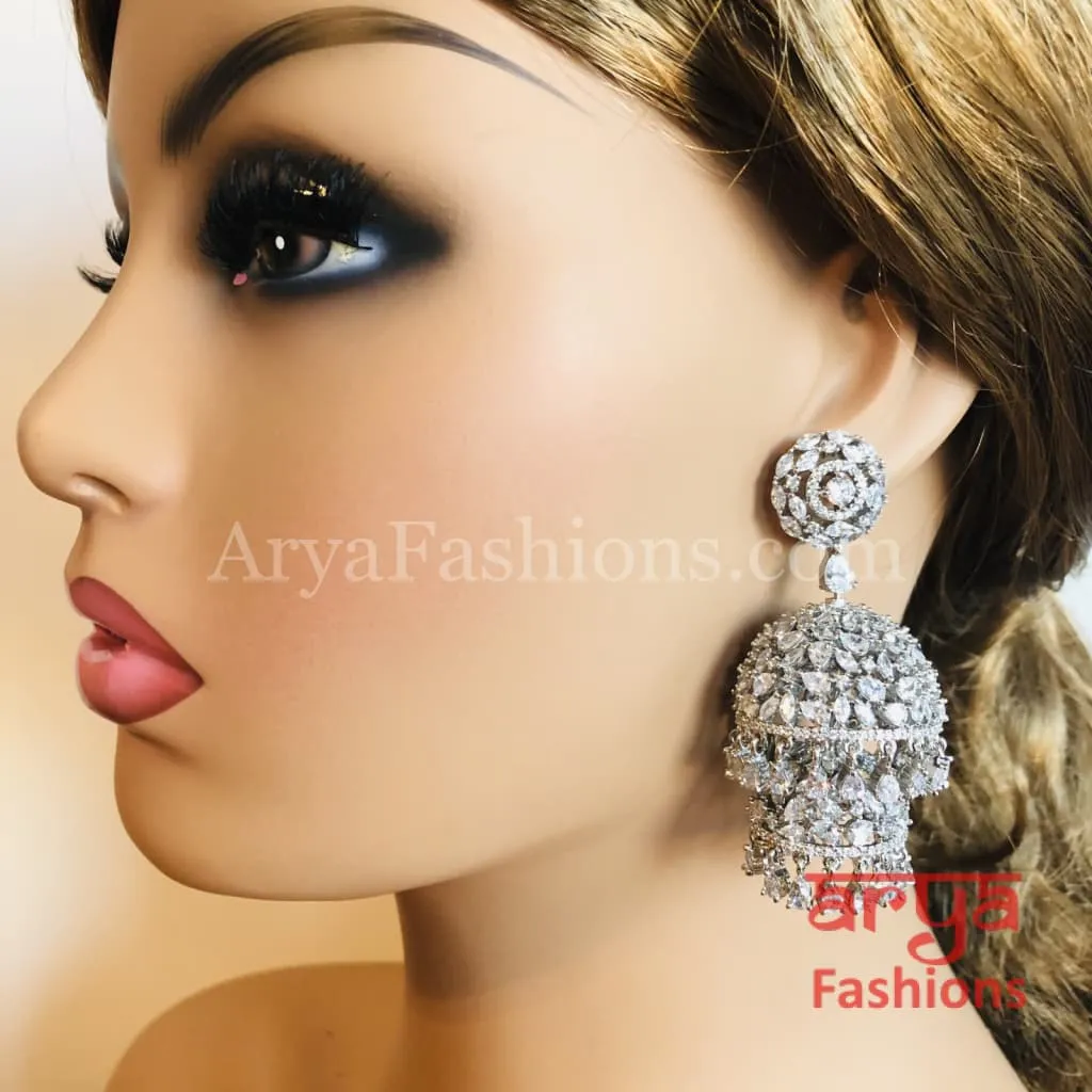 Ariana Victorian Silver Cubic Zirconia Double Jhumka Earrings