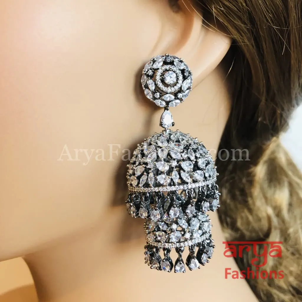 Ariana Victorian Silver Cubic Zirconia Double Jhumka Earrings