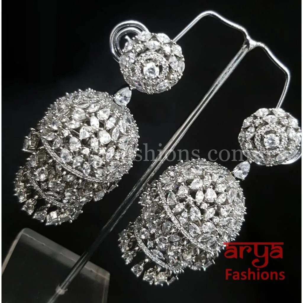 Ariana Victorian Silver Cubic Zirconia Double Jhumka Earrings