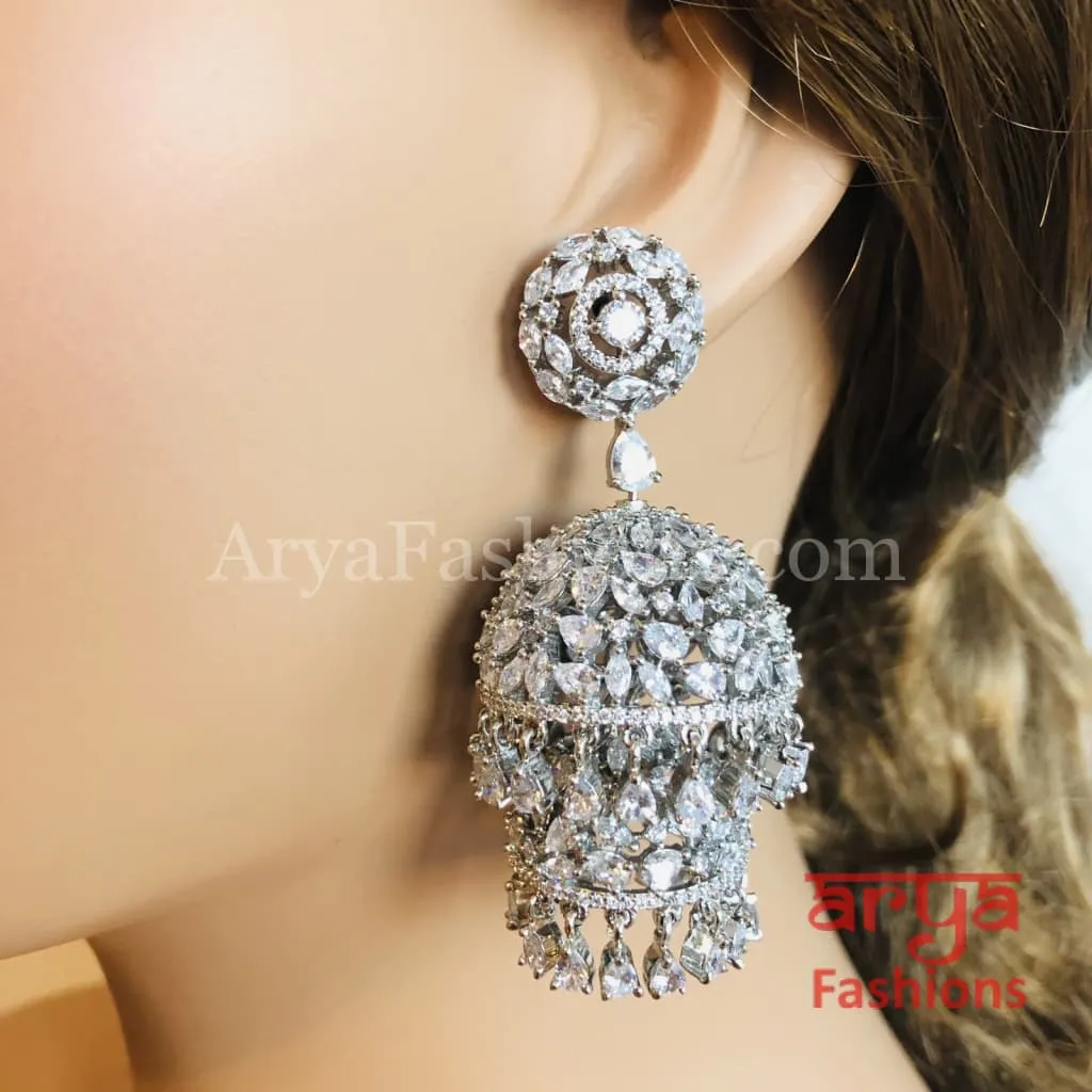 Ariana Victorian Silver Cubic Zirconia Double Jhumka Earrings