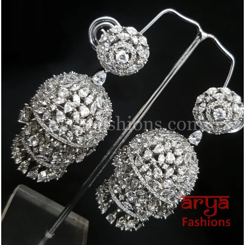 Ariana Victorian Silver Cubic Zirconia Double Jhumka Earrings