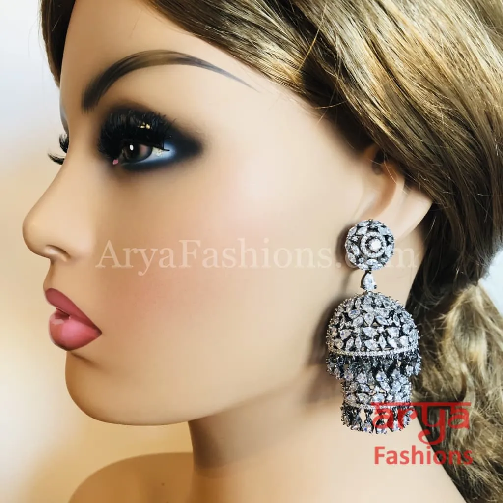 Ariana Victorian Silver Cubic Zirconia Double Jhumka Earrings