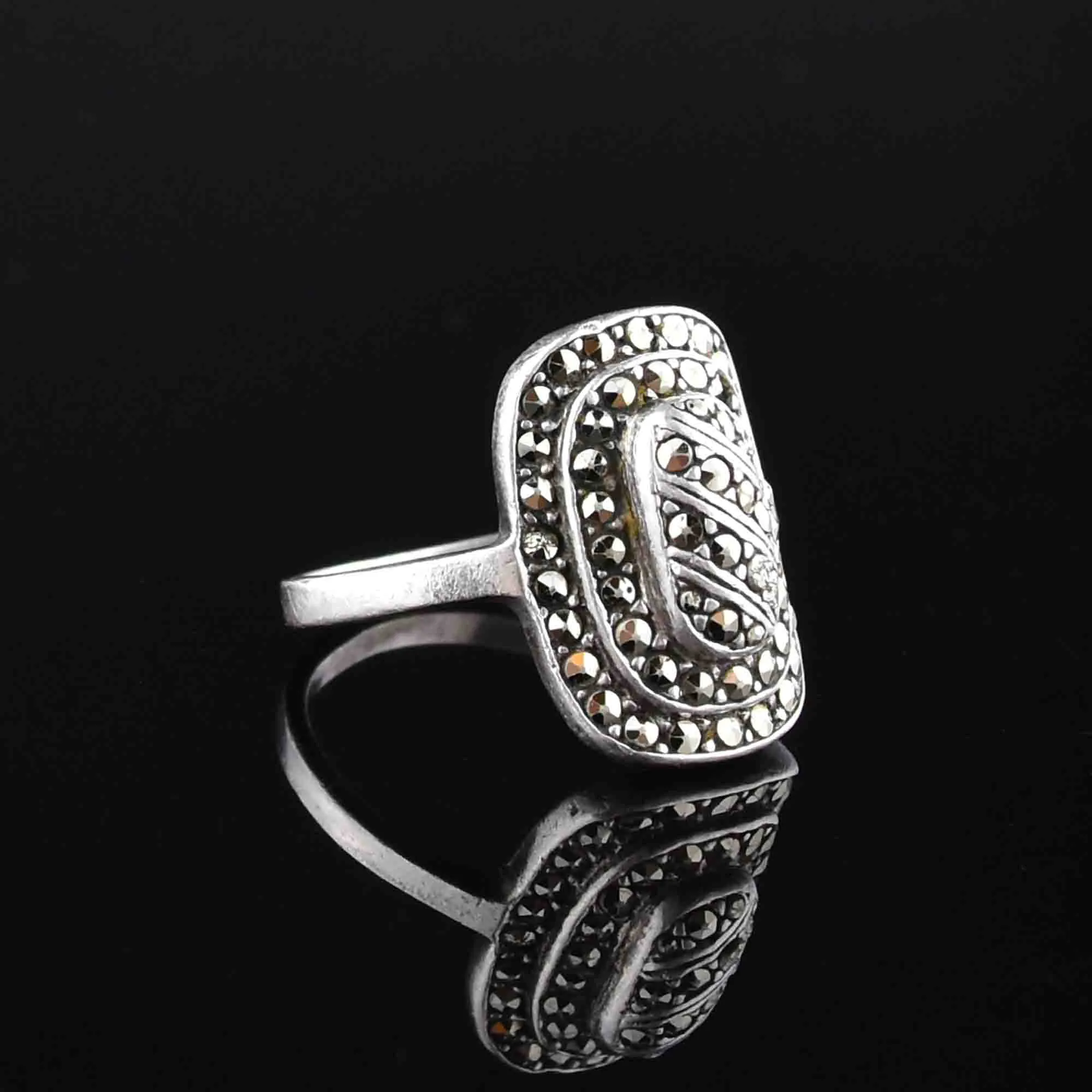 Art Deco Style Sterling Silver Marcasite Cocktail Ring, Sz 6