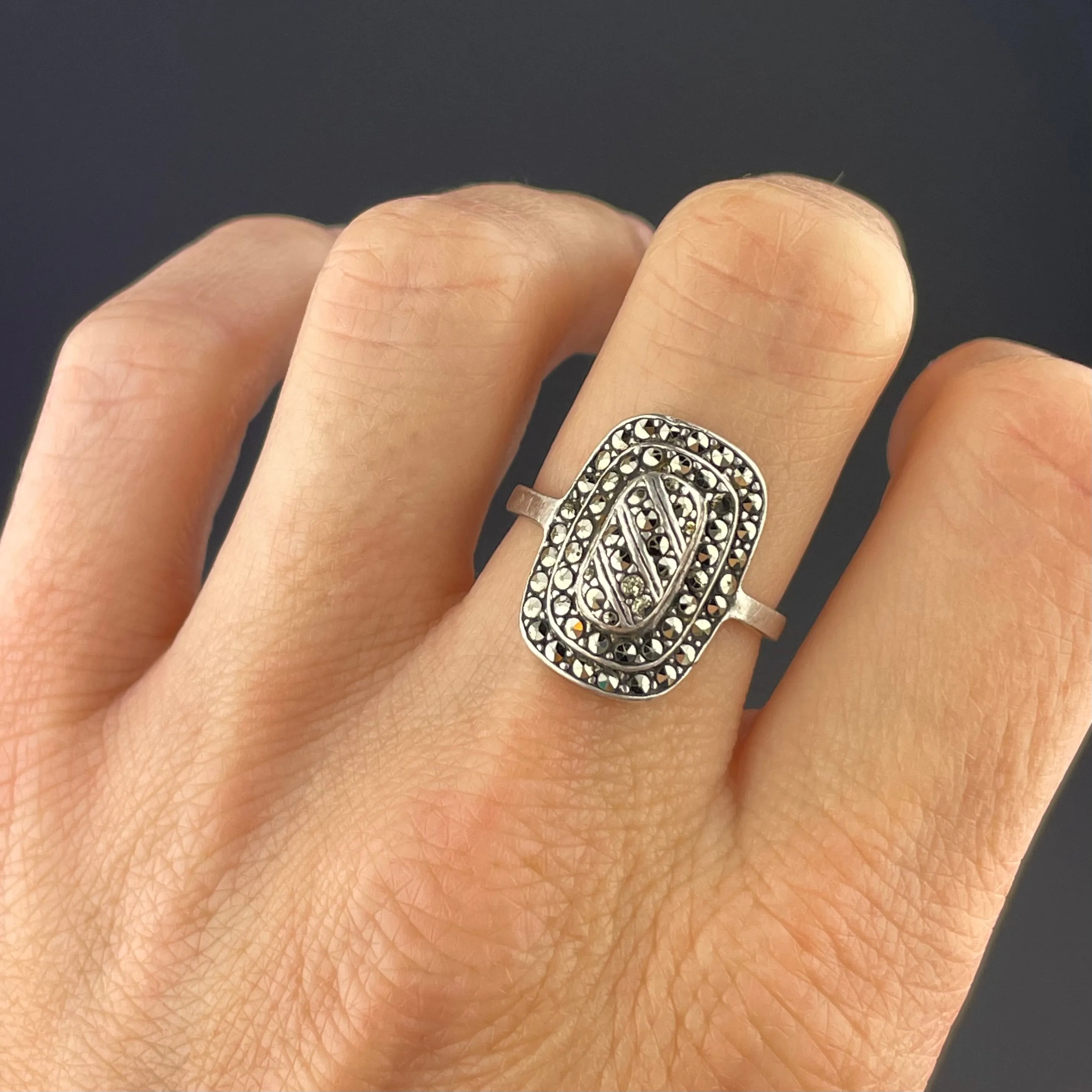 Art Deco Style Sterling Silver Marcasite Cocktail Ring, Sz 6