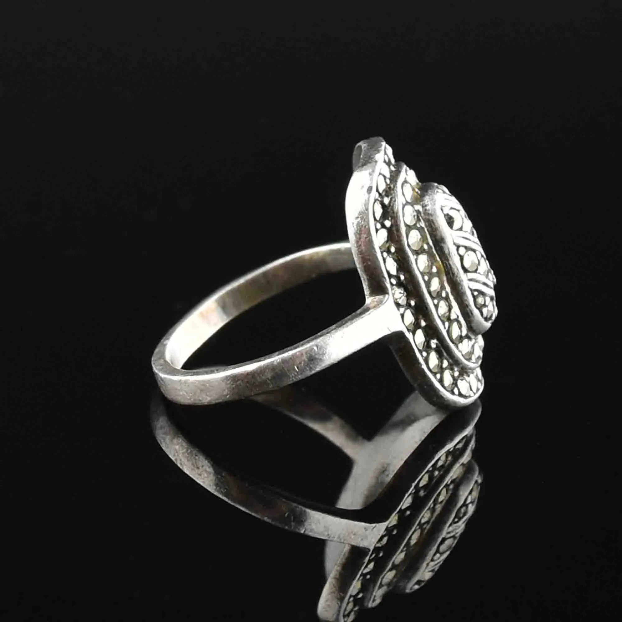 Art Deco Style Sterling Silver Marcasite Cocktail Ring, Sz 6