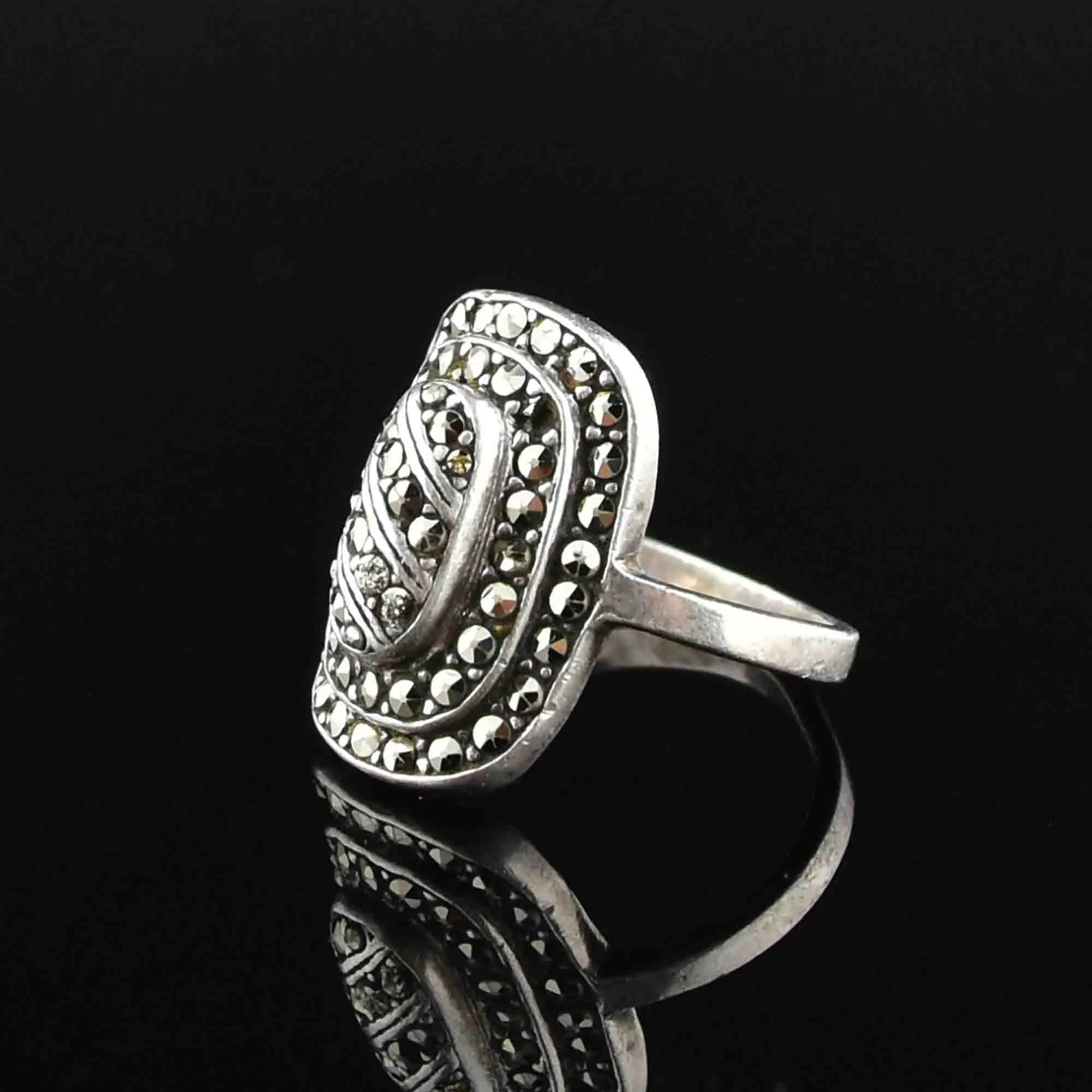 Art Deco Style Sterling Silver Marcasite Cocktail Ring, Sz 6