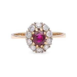 Austrian Mid Century Ruby Diamond Gold Cluster Ring