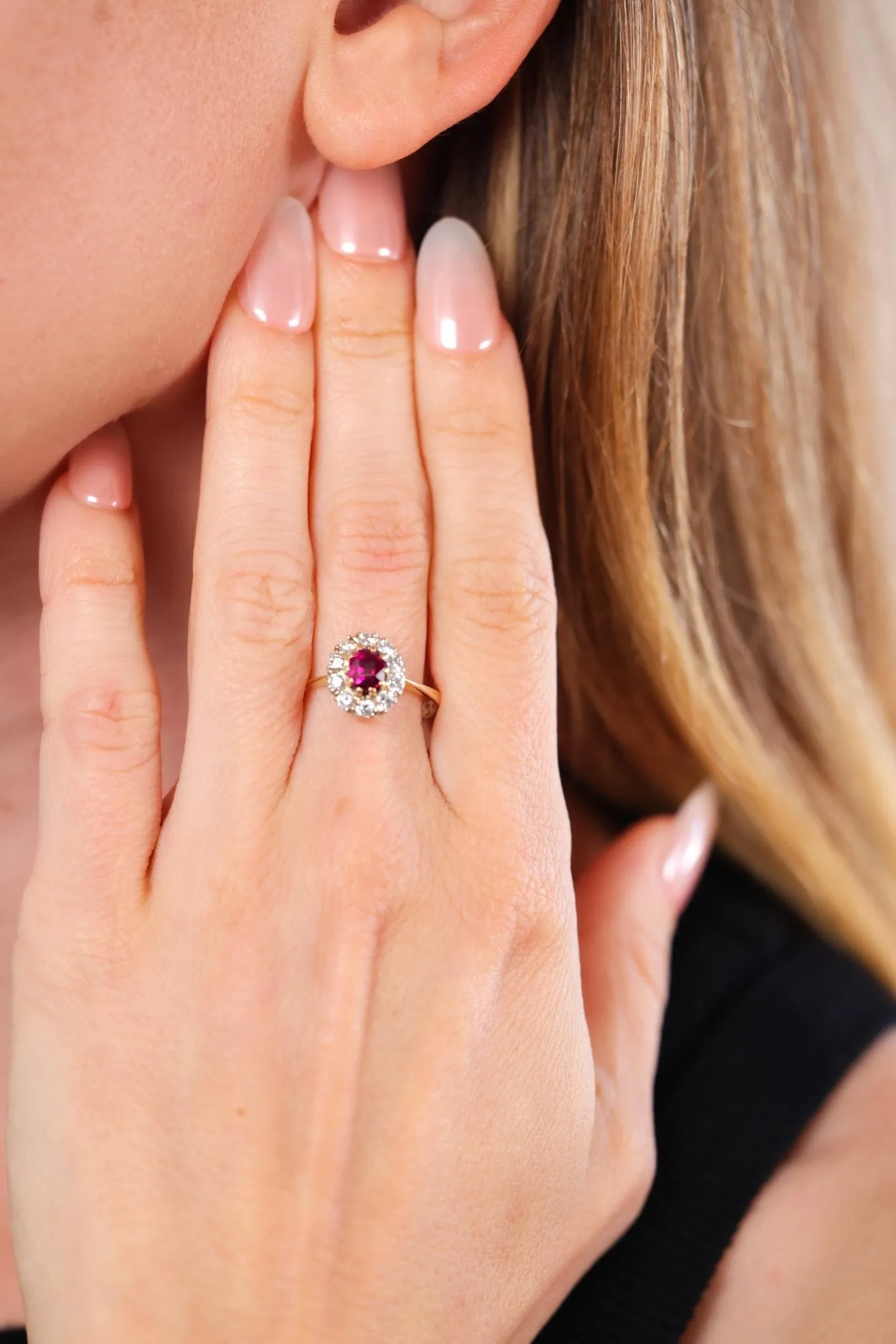 Austrian Mid Century Ruby Diamond Gold Cluster Ring