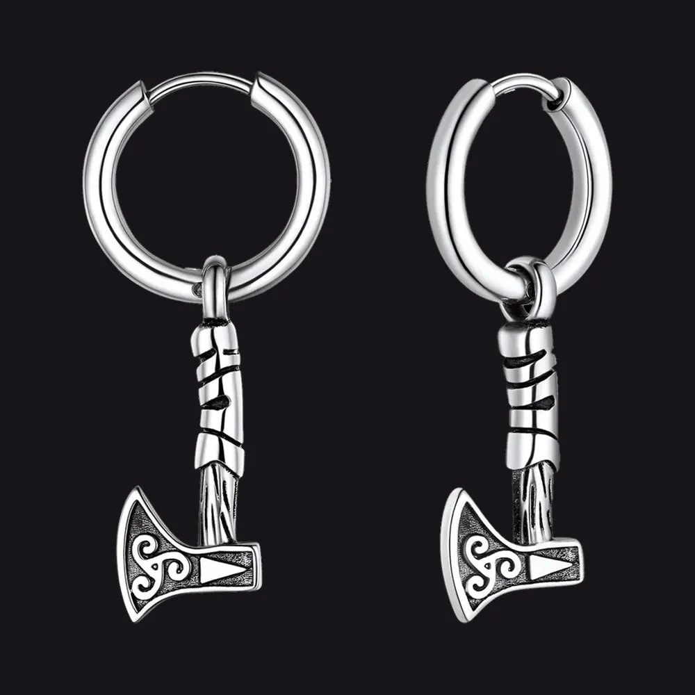 Battle Axe Viking Dangle Hoop Earrings For Men