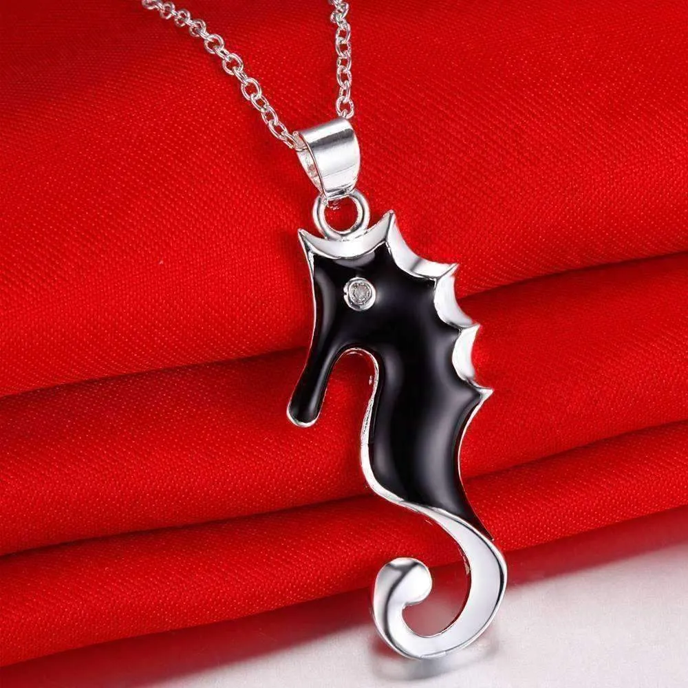 Black Beauty Silver Seahorse Matching Necklace and Earring Set