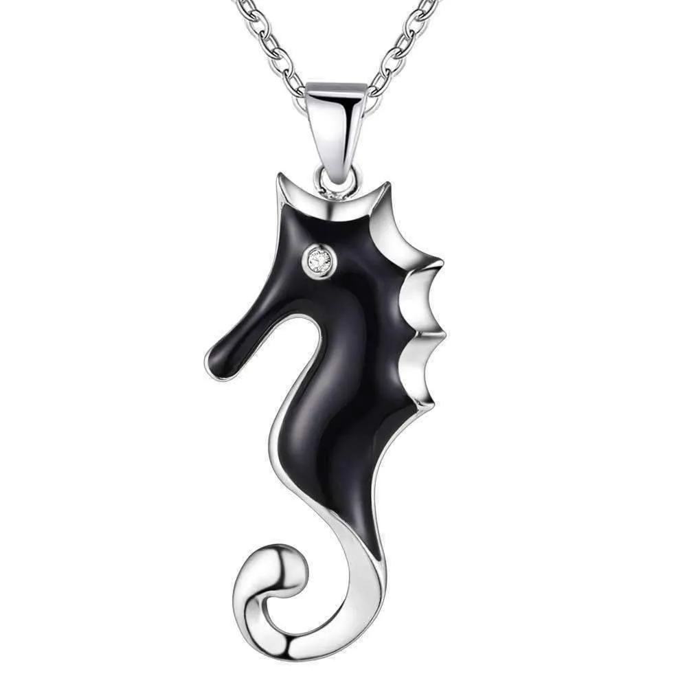 Black Beauty Silver Seahorse Matching Necklace and Earring Set