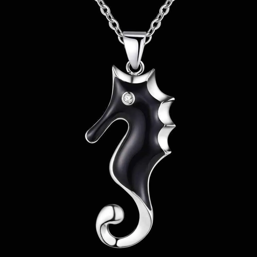 Black Beauty Silver Seahorse Matching Necklace and Earring Set