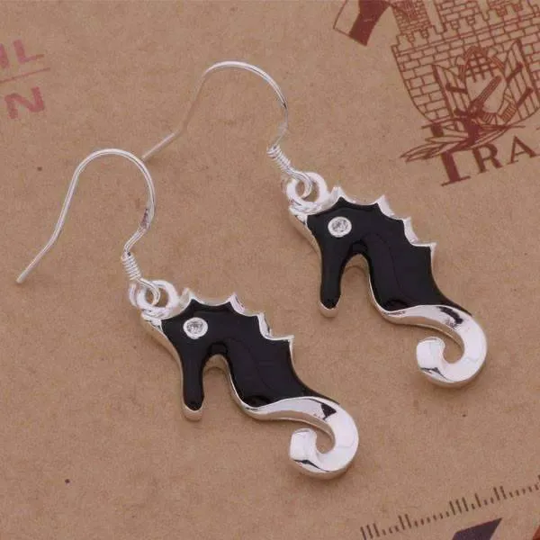 Black Beauty Silver Seahorse Matching Necklace and Earring Set