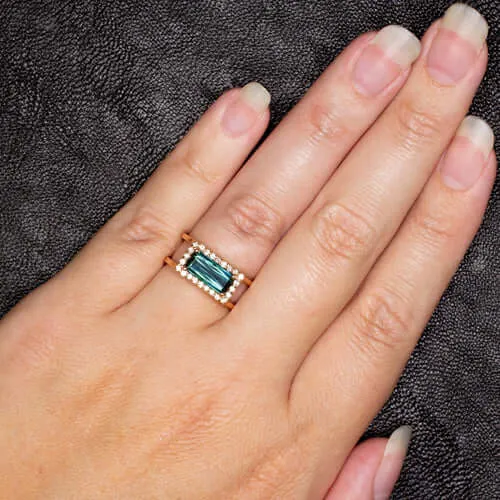 BLUE GREEN TOURMALINE DIAMOND EMERALD CUT COCKTAIL RING DOUBLE BAND 14 ROSE GOLD