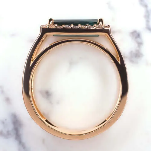 BLUE GREEN TOURMALINE DIAMOND EMERALD CUT COCKTAIL RING DOUBLE BAND 14 ROSE GOLD