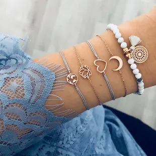 Bohemia Bracelet Set Gold Plated Blue Heart, Moon, lotus 5 pcs set