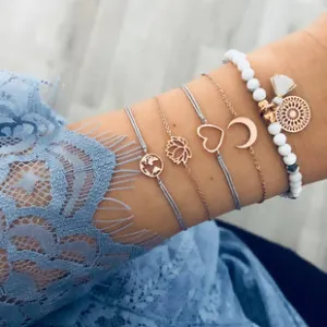 Bohemia Bracelet Set Gold Plated Blue Heart, Moon, lotus 5 pcs set