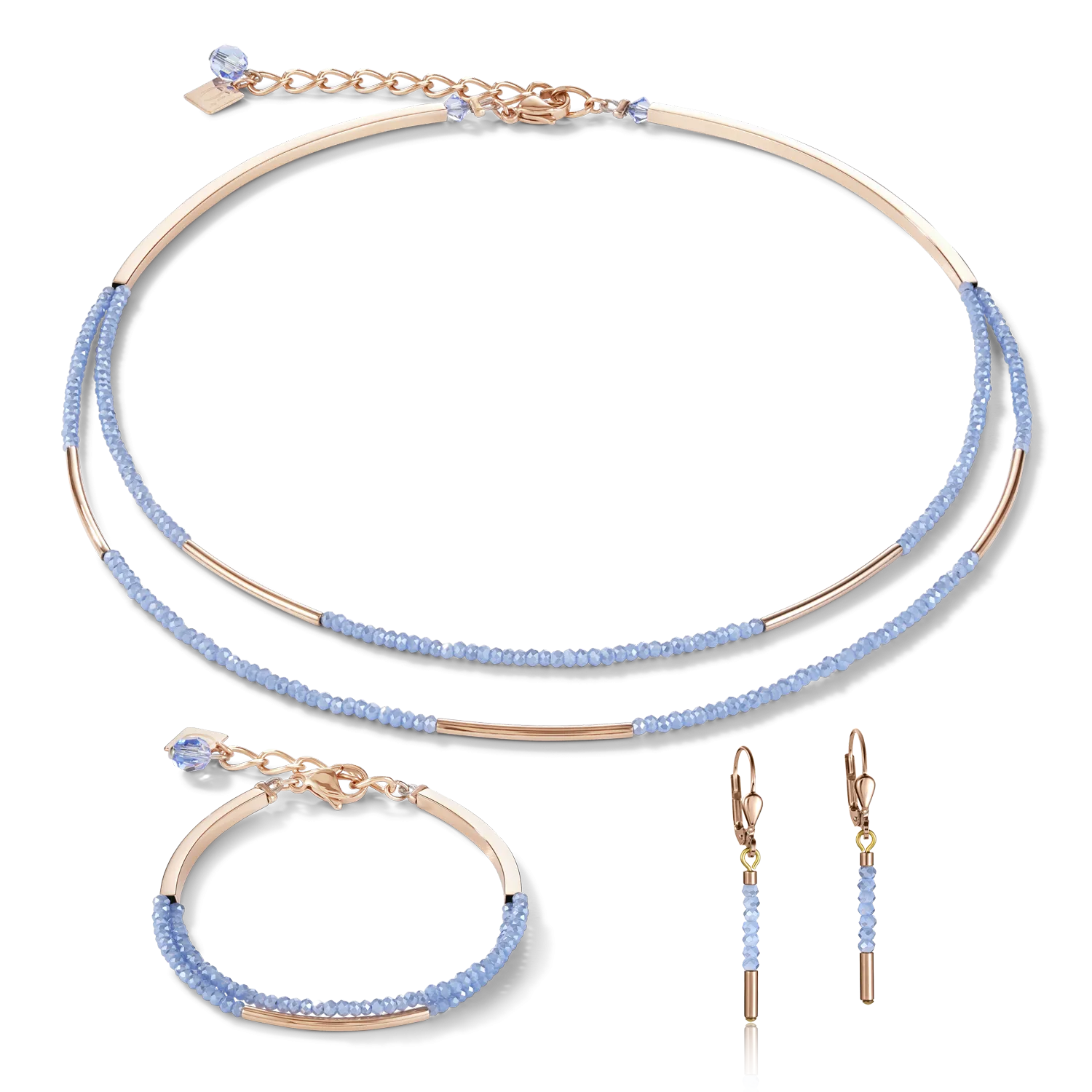 Bracelet Waterfall small stainless steel rose gold & glass light blue