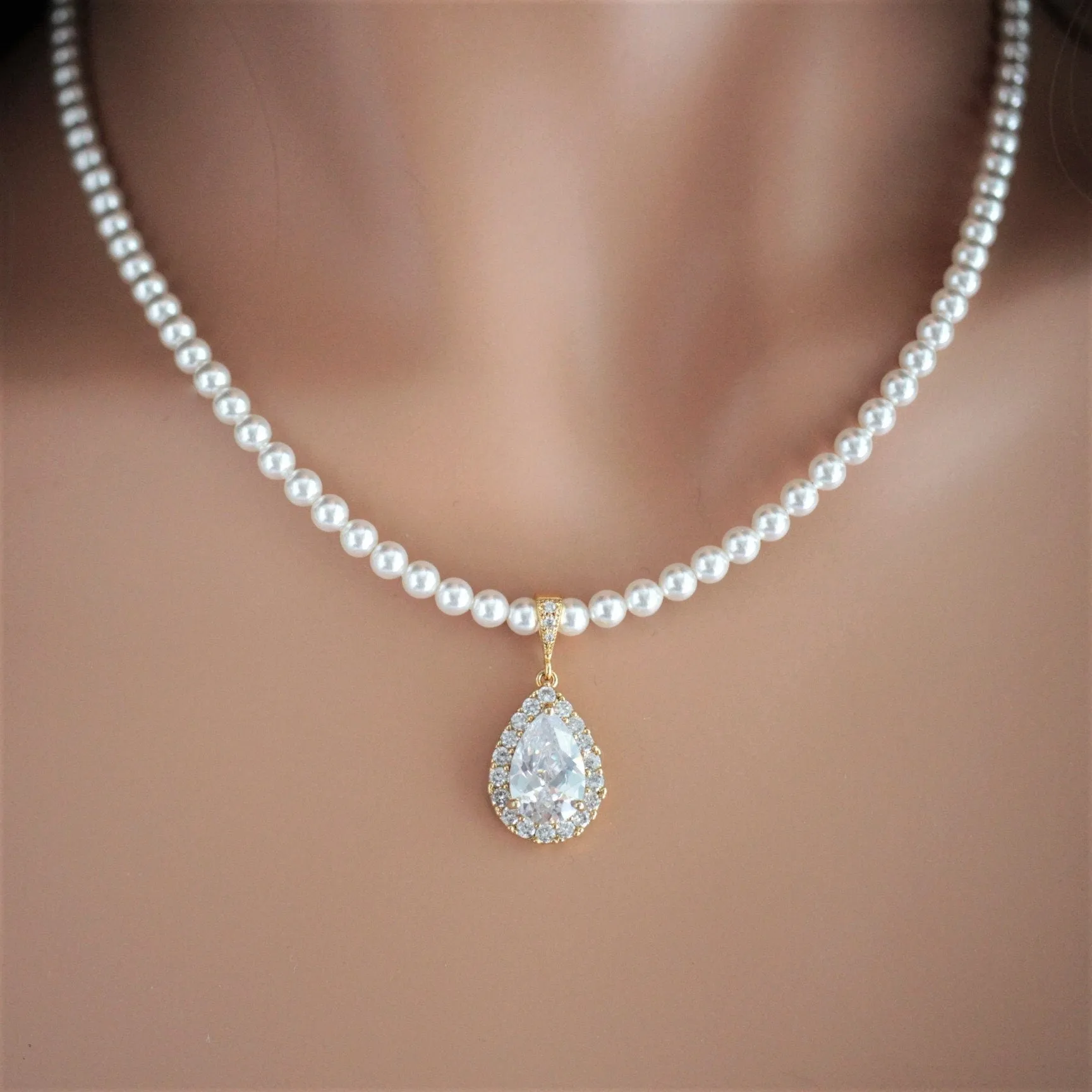 Bridal White Pearl Crystal Teardrop Necklace