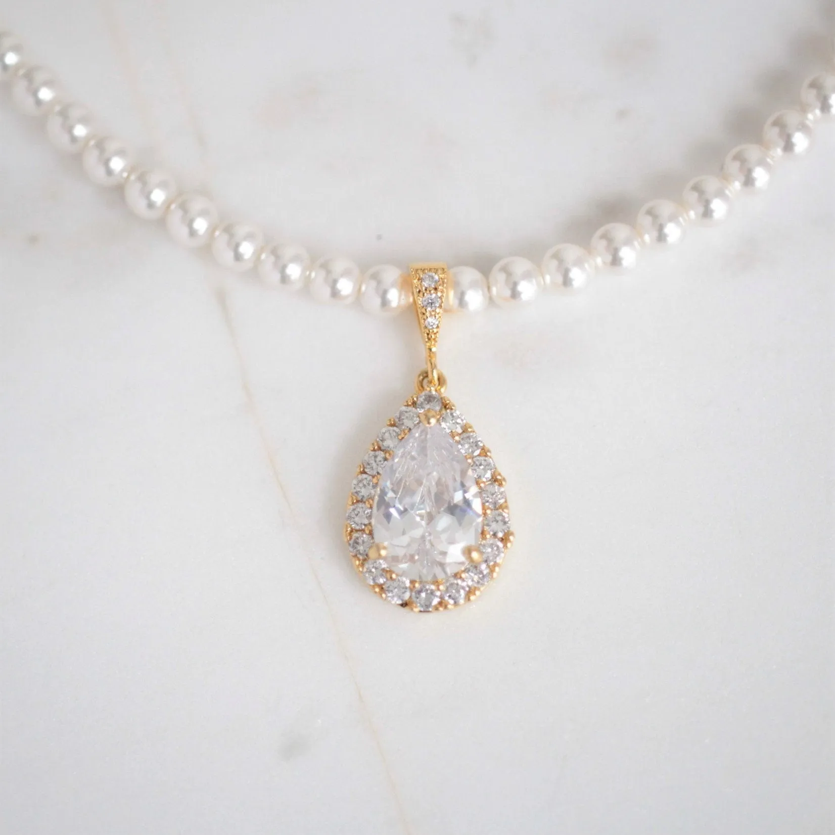 Bridal White Pearl Crystal Teardrop Necklace