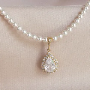 Bridal White Pearl Crystal Teardrop Necklace