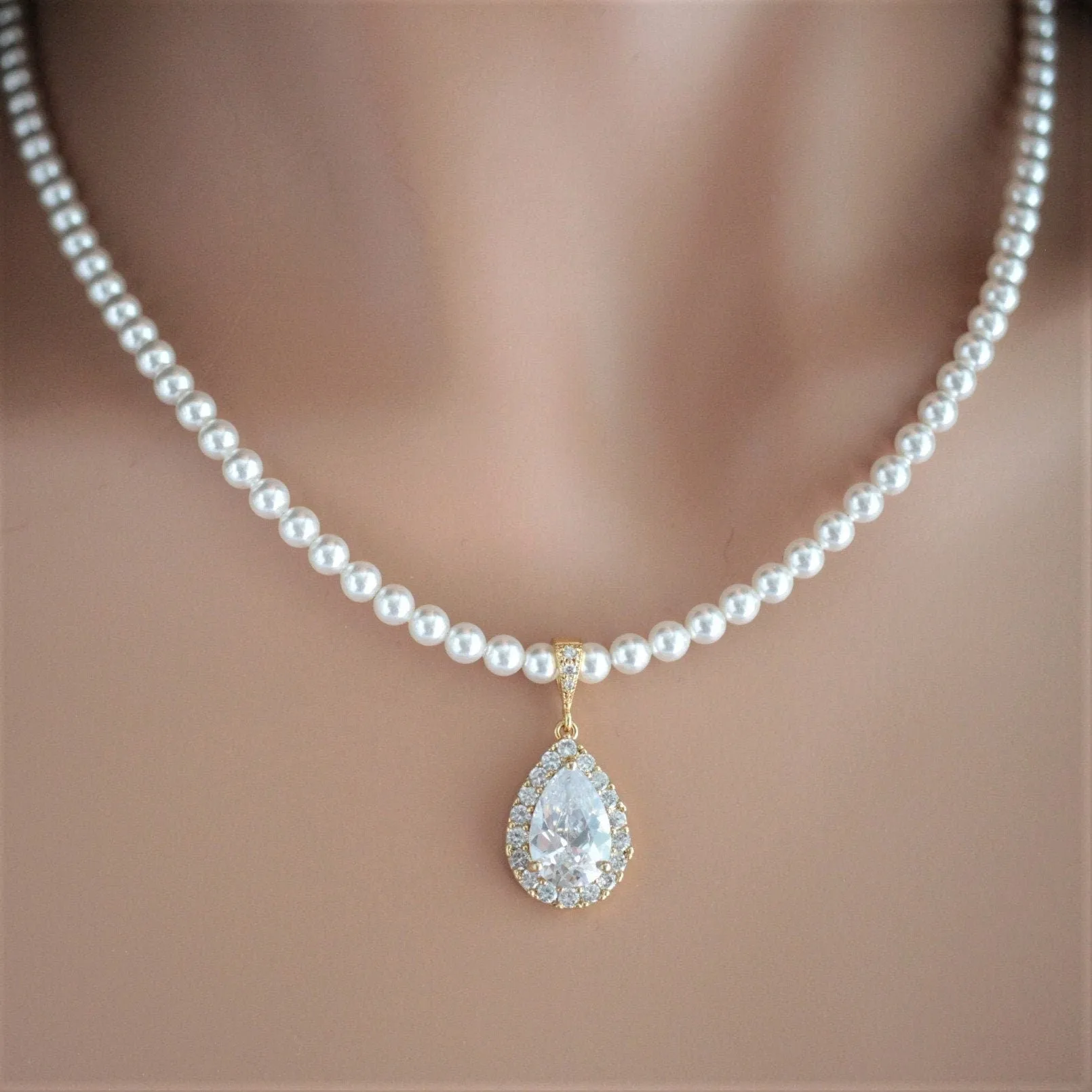 Bridal White Pearl Crystal Teardrop Necklace
