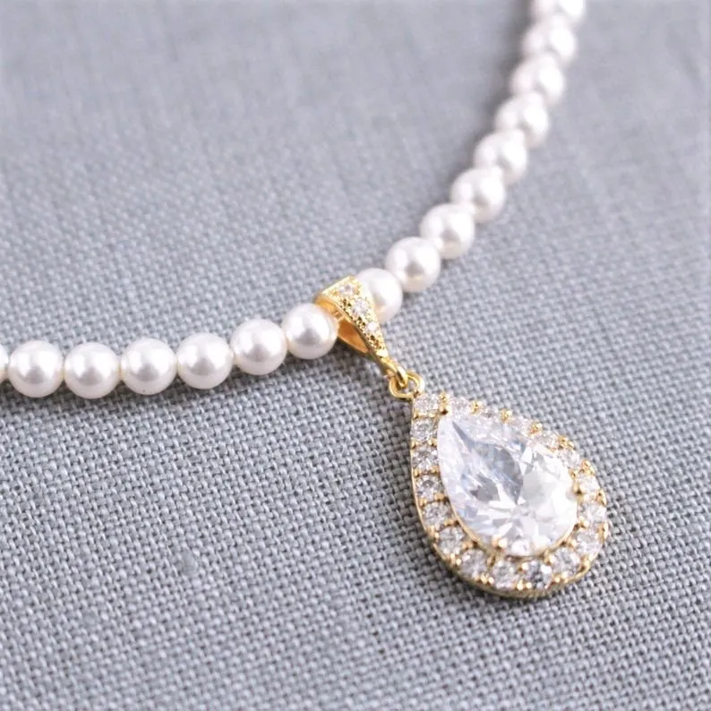Bridal White Pearl Crystal Teardrop Necklace