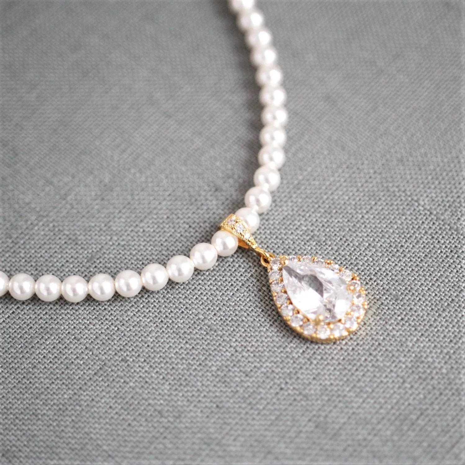 Bridal White Pearl Crystal Teardrop Necklace