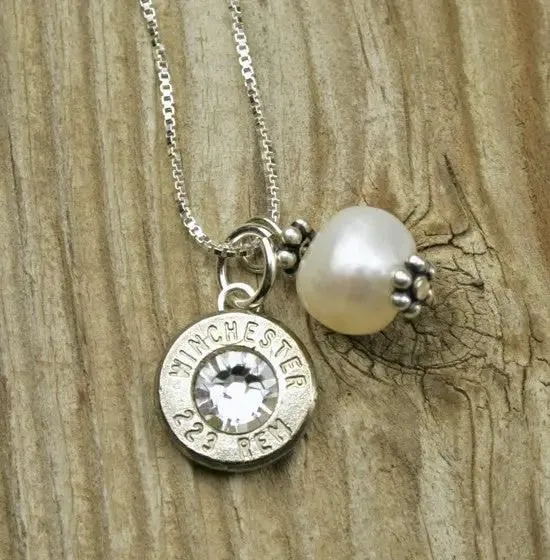 Bullet & Pearl Sterling Silver Bullet Necklace, 223, AR-15