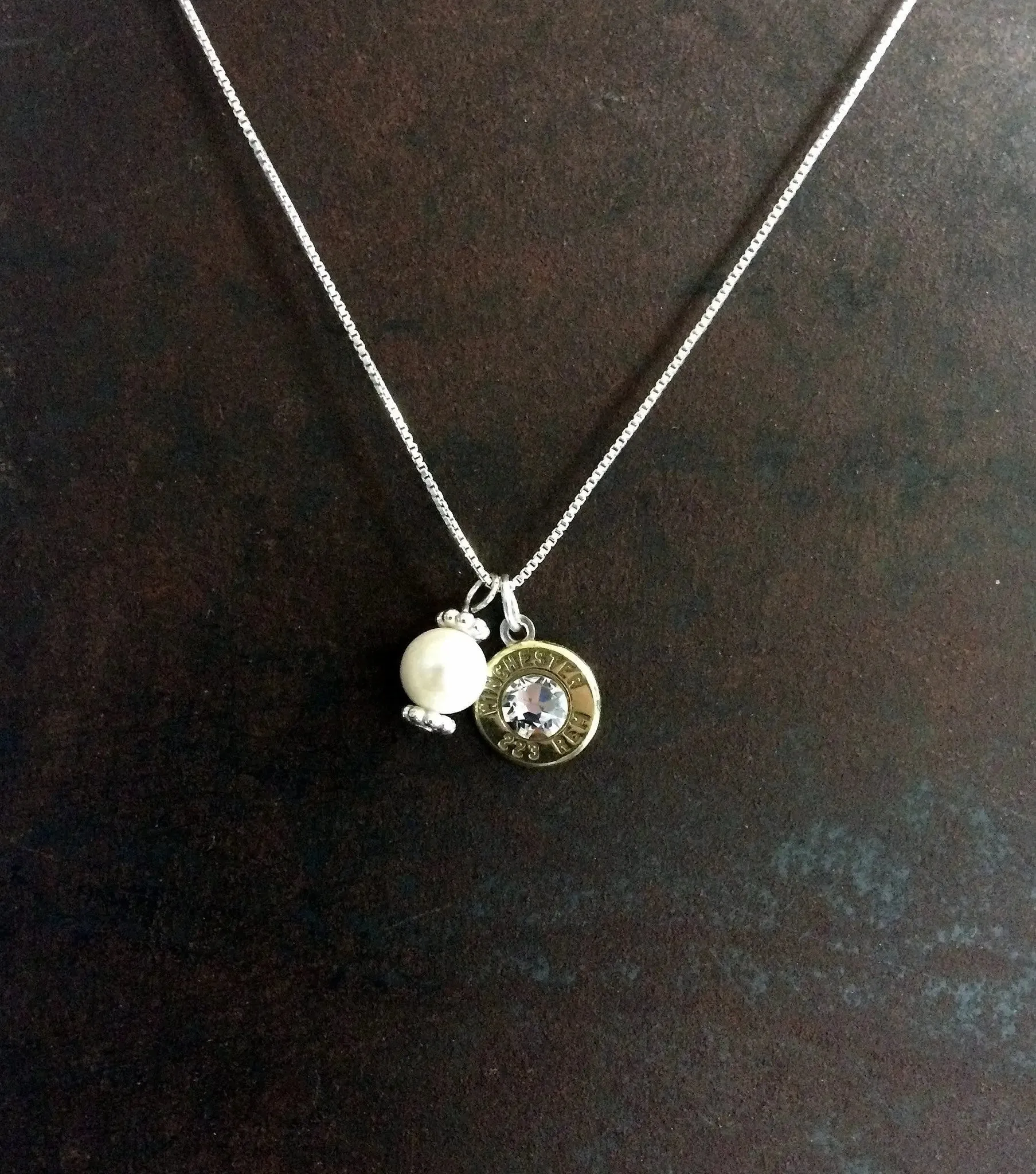 Bullet & Pearl Sterling Silver Bullet Necklace, 223, AR-15