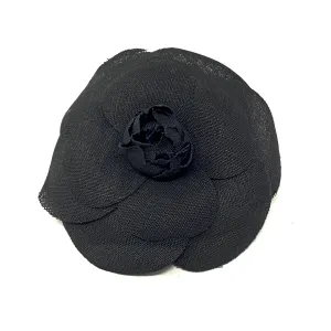 CHANEL Camellia Brooch Pin in Black Linen