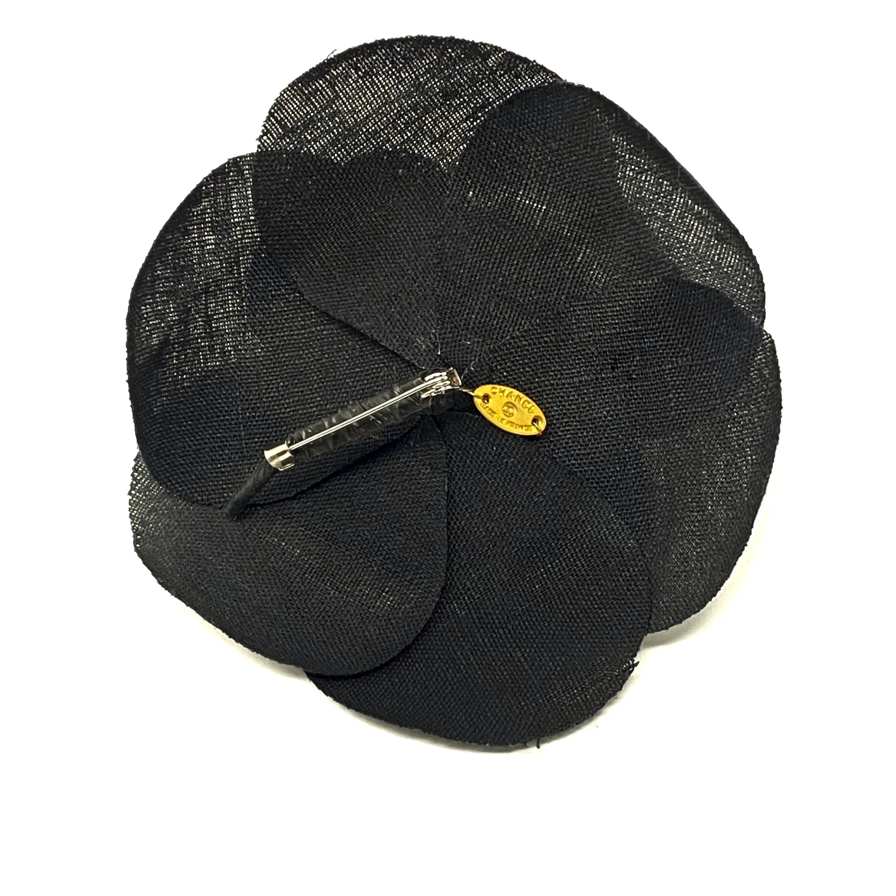 CHANEL Camellia Brooch Pin in Black Linen