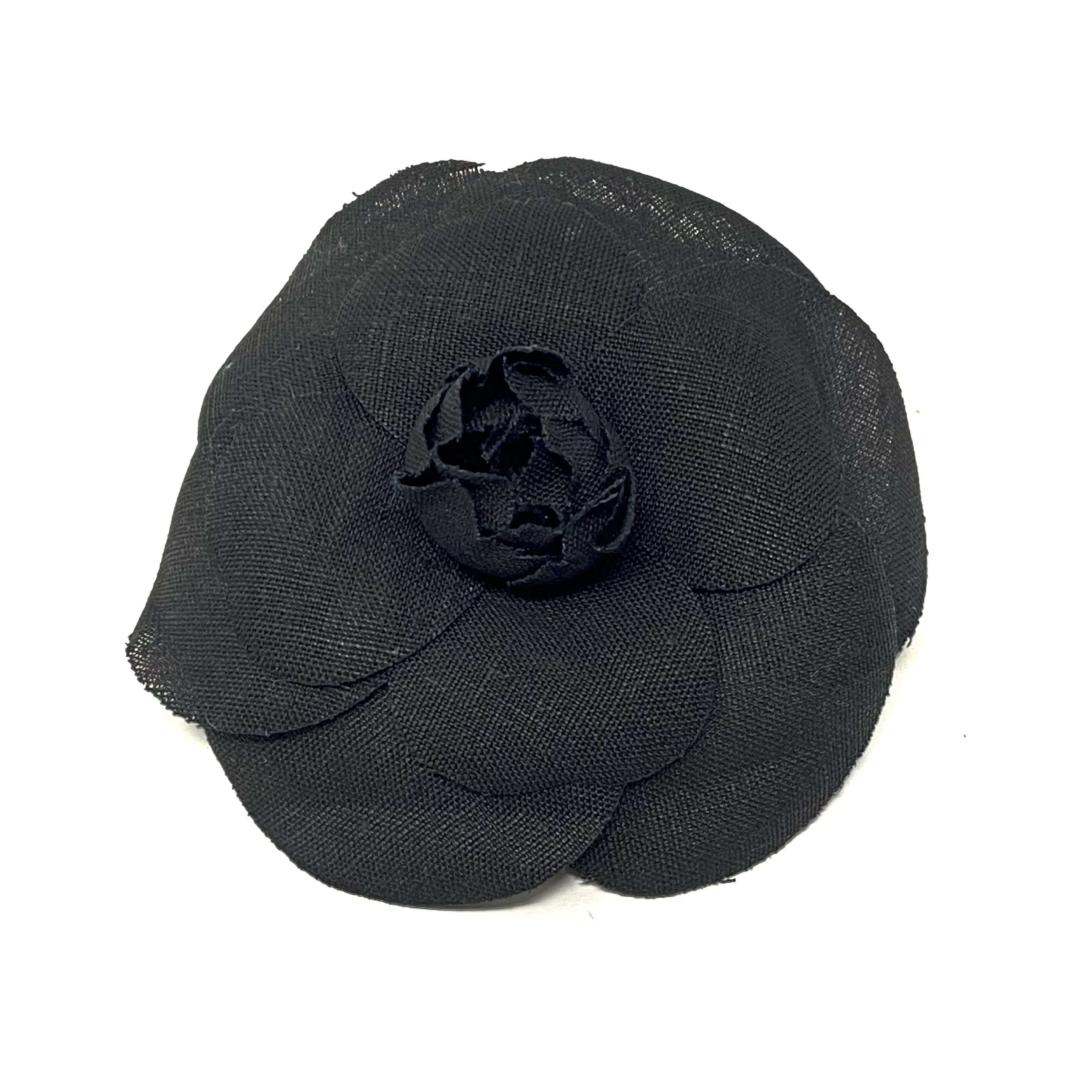 CHANEL Camellia Brooch Pin in Black Linen