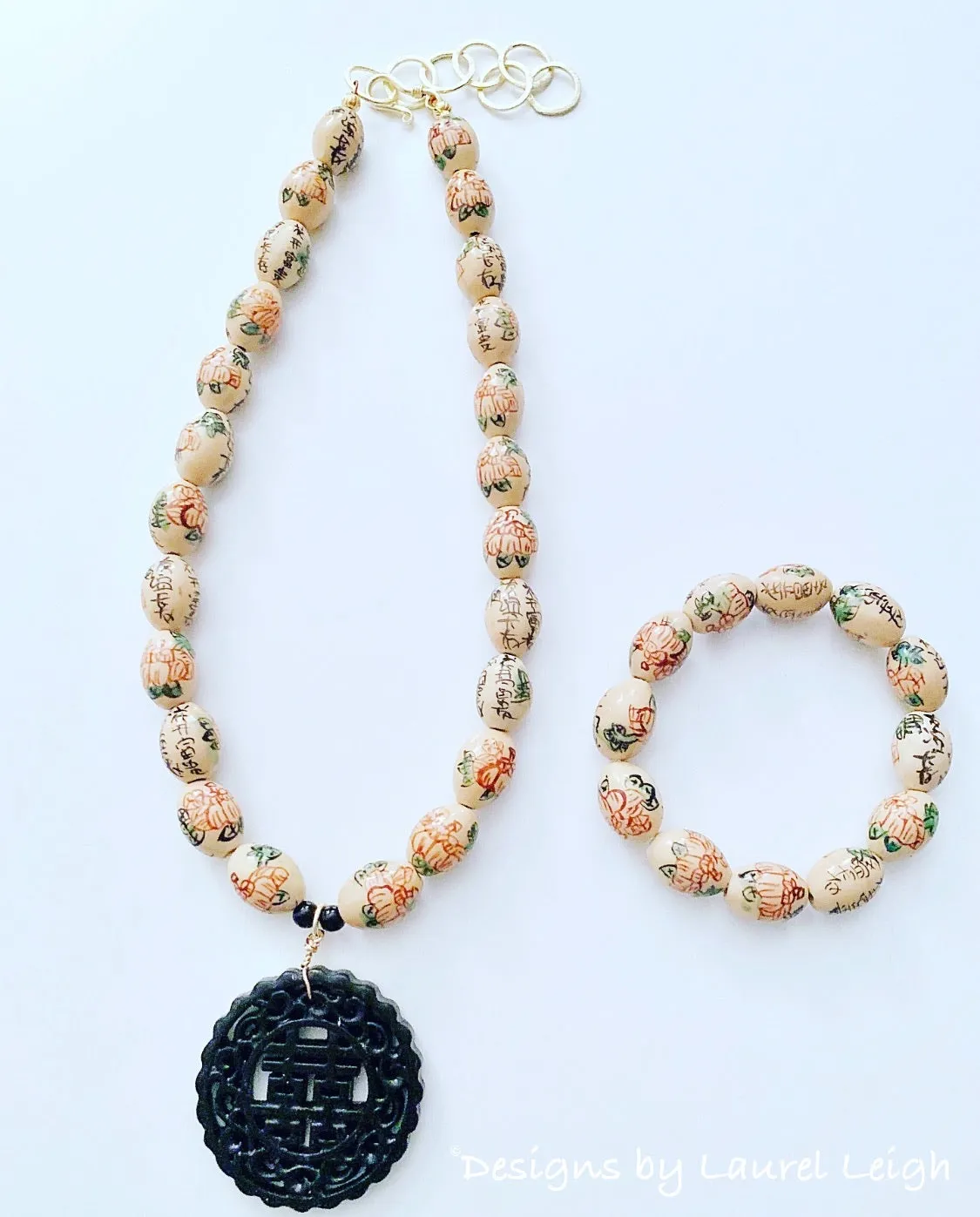 Chinoiserie Floral Calligraphy Bead Statement Bracelet