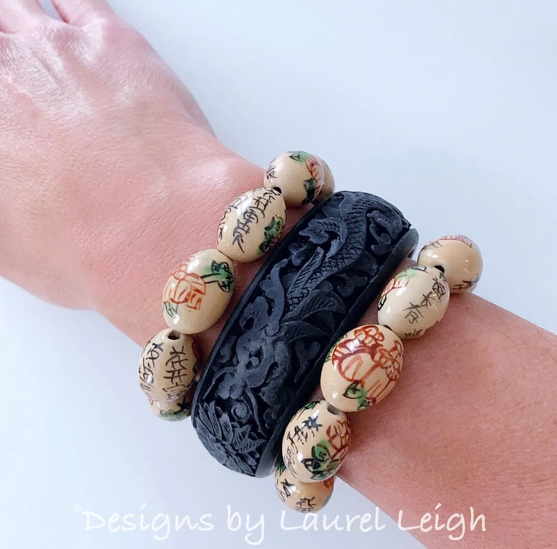 Chinoiserie Floral Calligraphy Bead Statement Bracelet