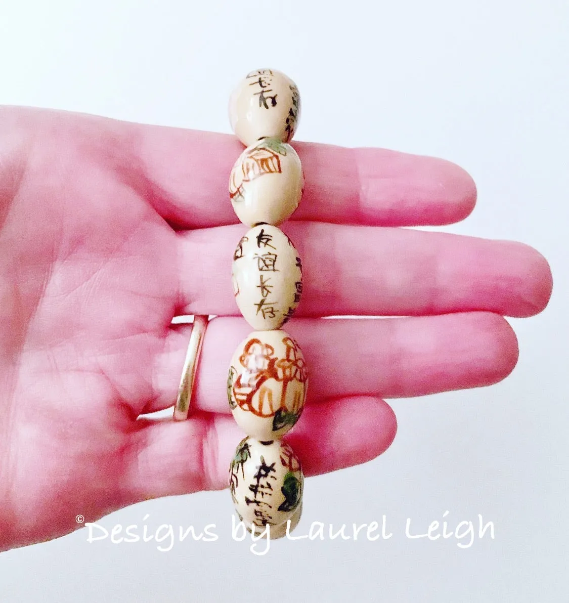 Chinoiserie Floral Calligraphy Bead Statement Bracelet