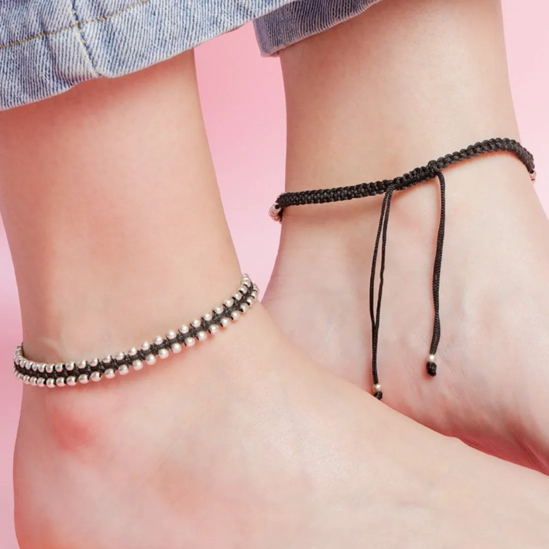 Classic Beaded Rhodium Plated 925 Sterling Silver Thread Anklet