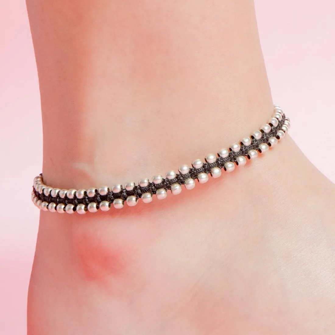 Classic Beaded Rhodium Plated 925 Sterling Silver Thread Anklet