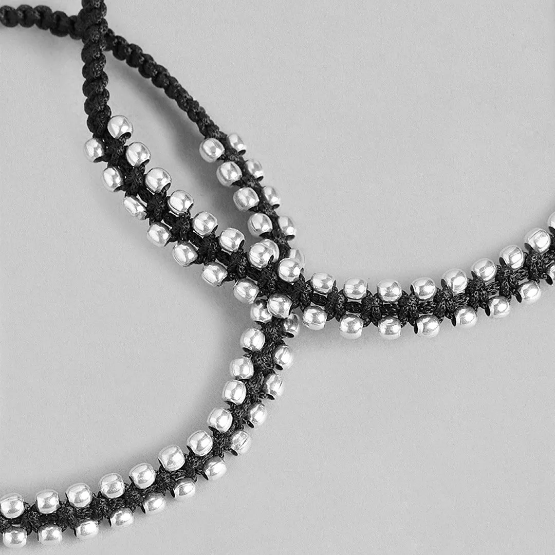 Classic Beaded Rhodium Plated 925 Sterling Silver Thread Anklet