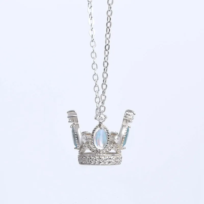 Cute Ladies Sterling Silver Moonstone Topaz Crown Pendant Necklace for Women